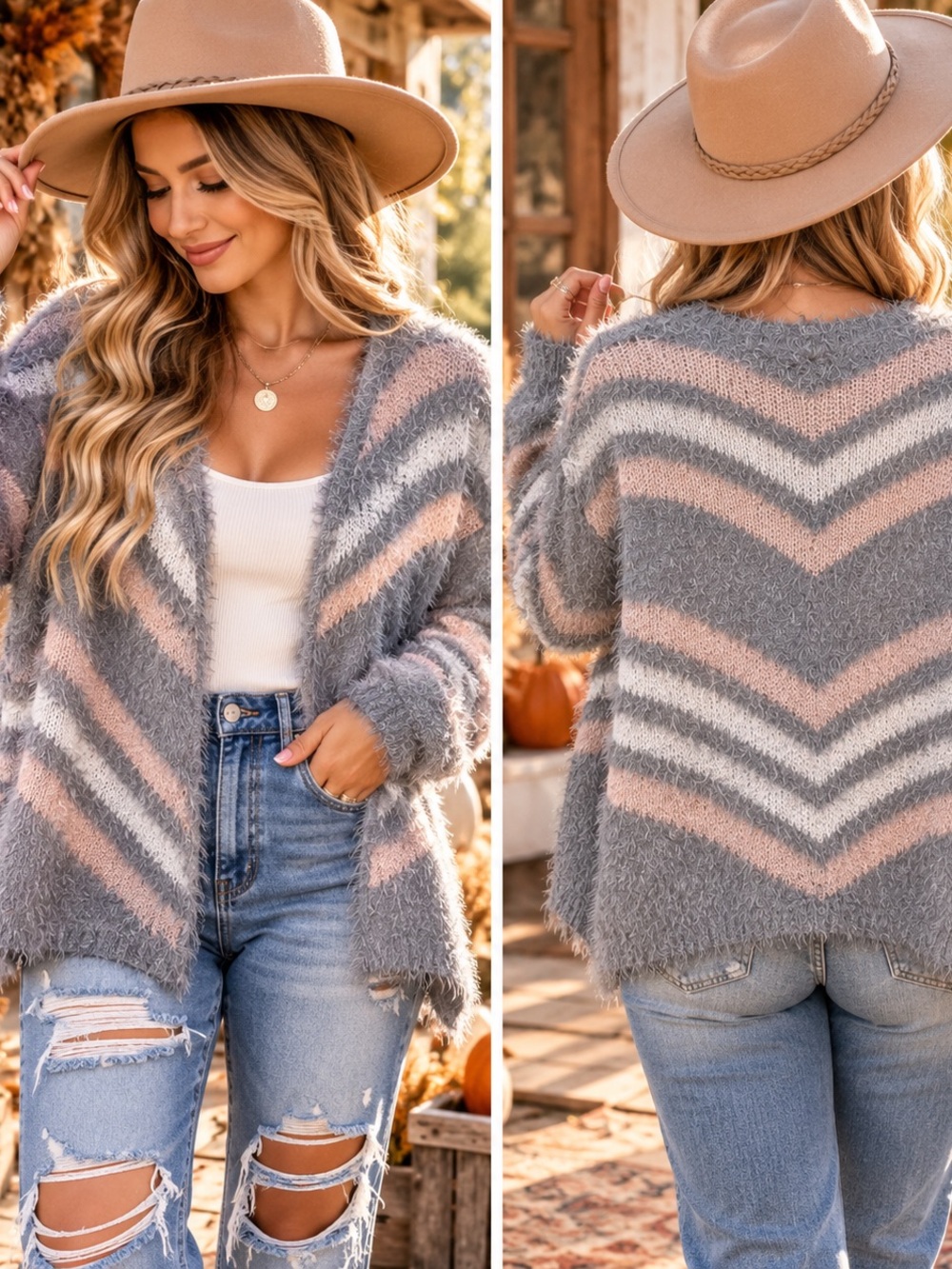 Fuzzy Chevron Open-Front Cardigan Sweater - Gray & Blush